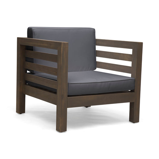 Noble House outdoor acacia wood patio arm chair with fabric cushion for comfortable outdoor seating.