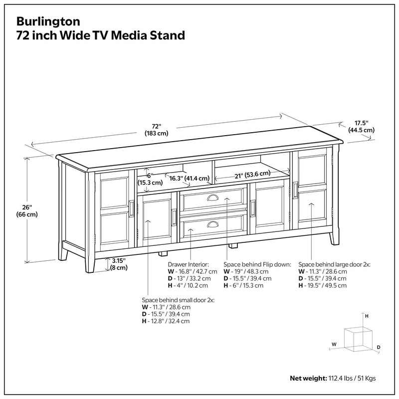 Simpli-Home Burlington TV media stand with open shelves and storage cabinets, crafted from wood with a dark finish.
