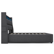 Artistry At Home upholstered platform bed with hydraulic storage, LED lights, and USB charging ports, without mattress.