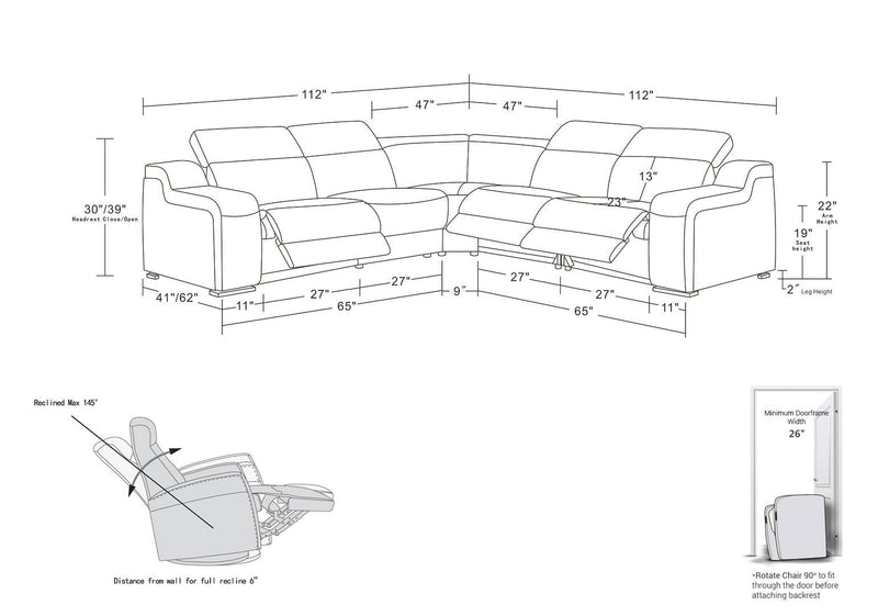 1116 - 5-Piece L-Shaped Sectional Sofa In With 3 Power Recliners & Power Headrests