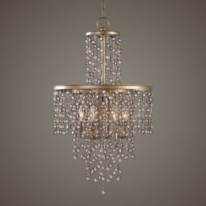 Uttermost Valka 6-light crystal chandelier with light brown finish, featuring elegant hanging crystal accents and a modern design.