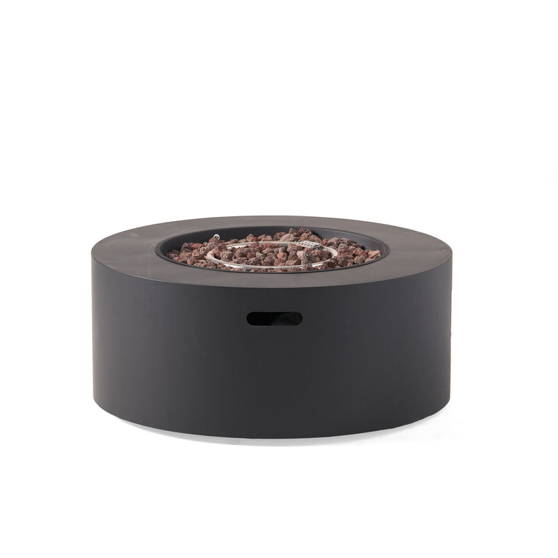Round Noble House iron fire pit with 40,000 Btu, featuring a sturdy design and a mesh cover for outdoor warmth and ambiance.