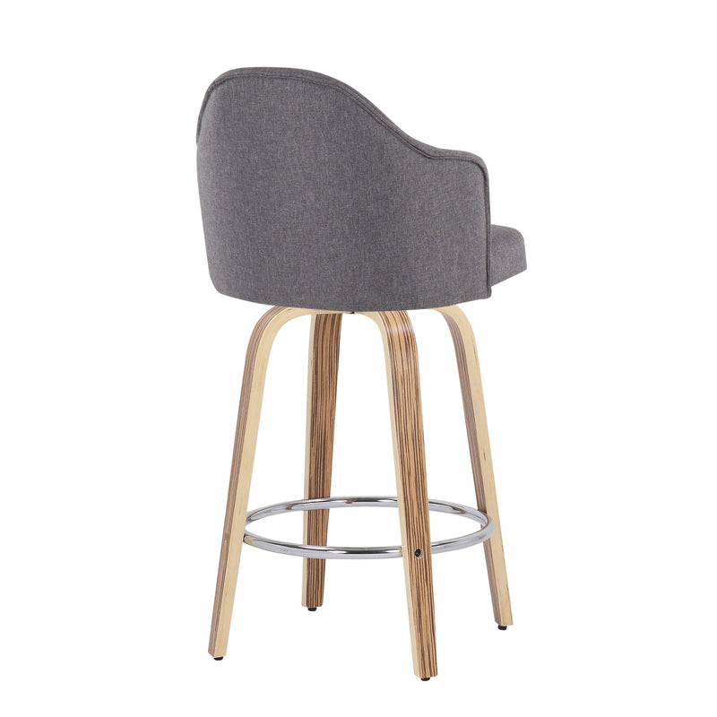 Set of two Lumi Source Ahoy mid-century modern gray counter stools with zebra legs and round chrome footrests, showcasing stylish design.