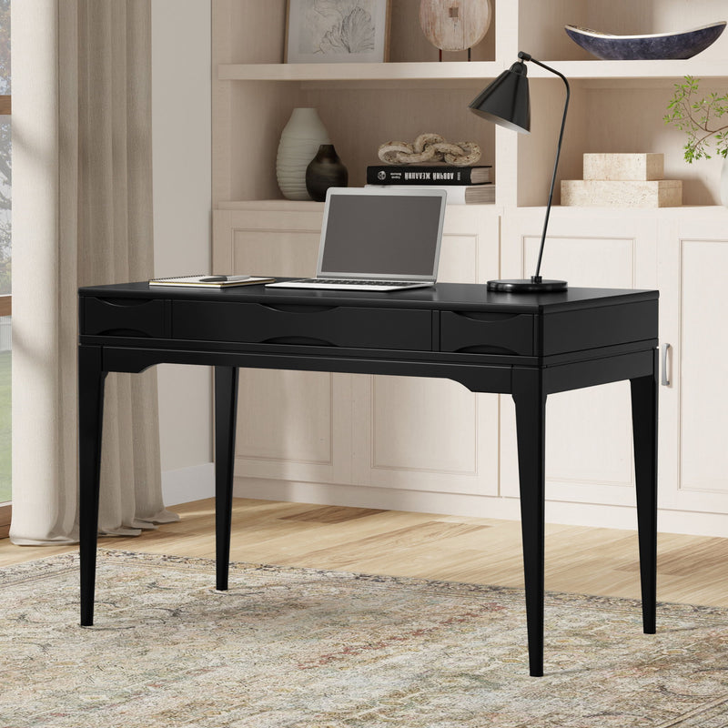 Simpli-Home Harper handcrafted writing desk with wooden surface and sleek metal legs, ideal for home office or study space.