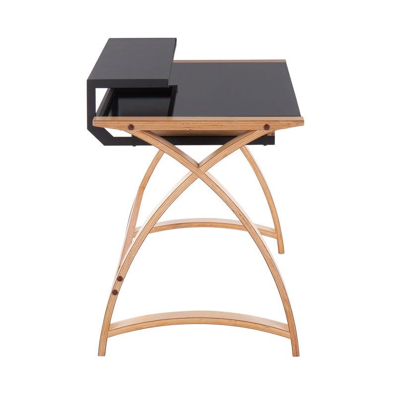 Lumi Source Bentley mid-century modern office desk with natural wood finish and black lift top, ideal for home or workspace.