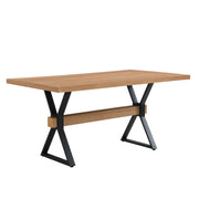 Noble House farmhouse style dining table with X-shaped metal legs, natural wood finish, and spacious surface for family meals.
