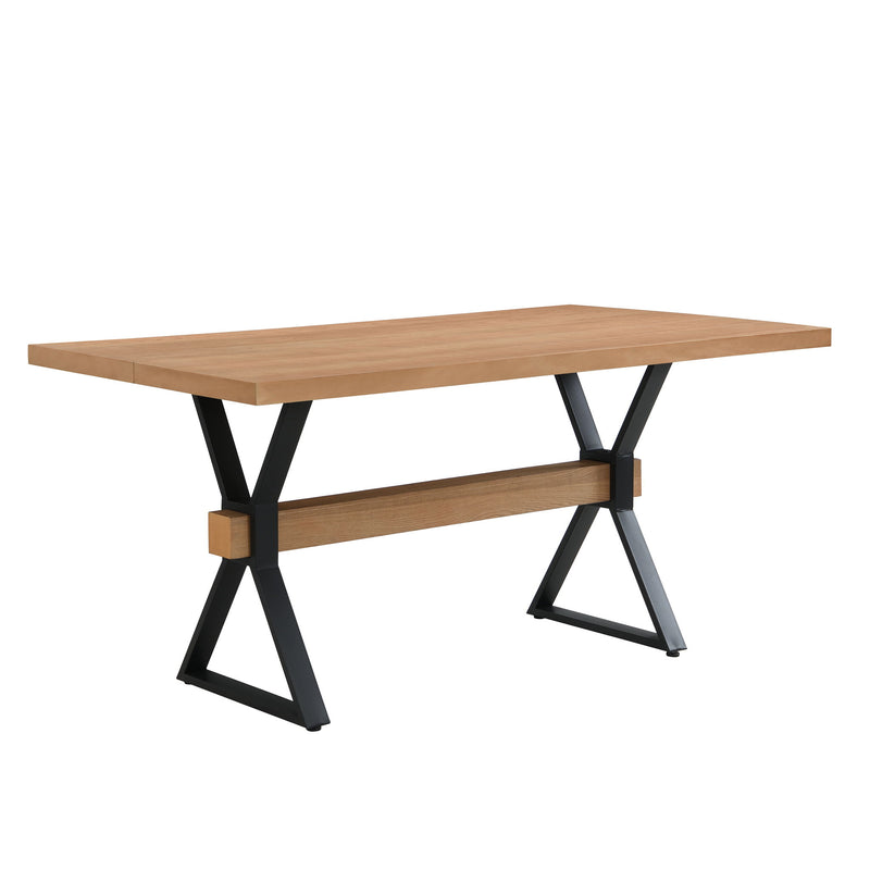 Noble House farmhouse style dining table with X-shaped metal legs, natural wood finish, and spacious surface for family meals.