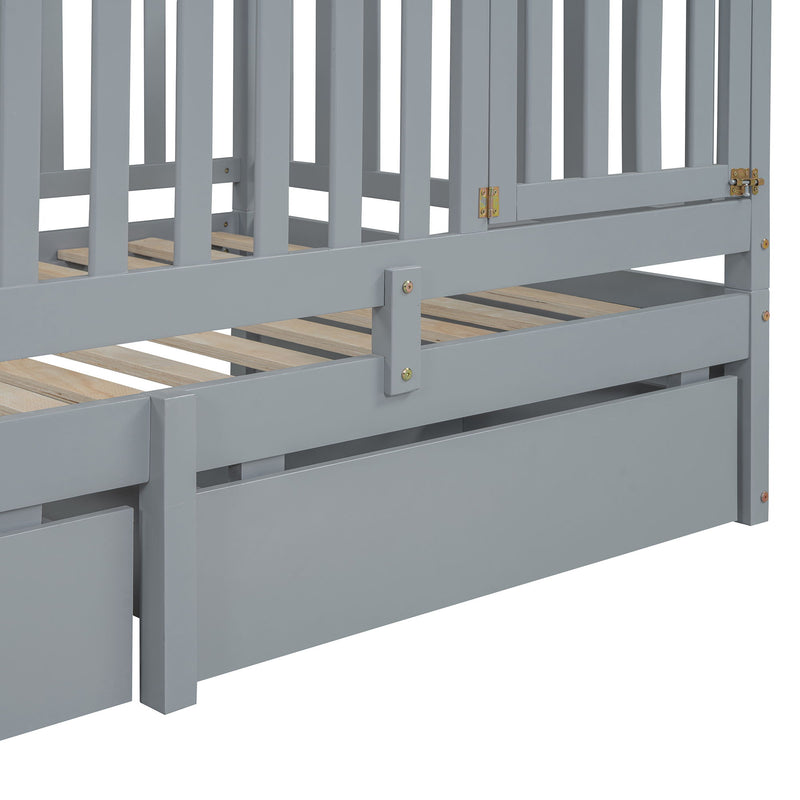 DreamHaus storage daybed with fence guardrails, two drawers, and convertible design for floor bed and daybed use.