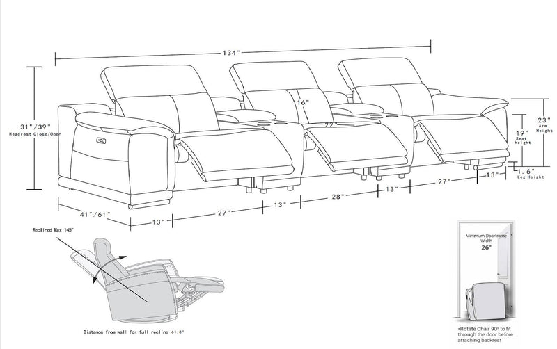 2679 - Genuine Leather Sofa With 3 Power Recliners & Dual Storage Consoles