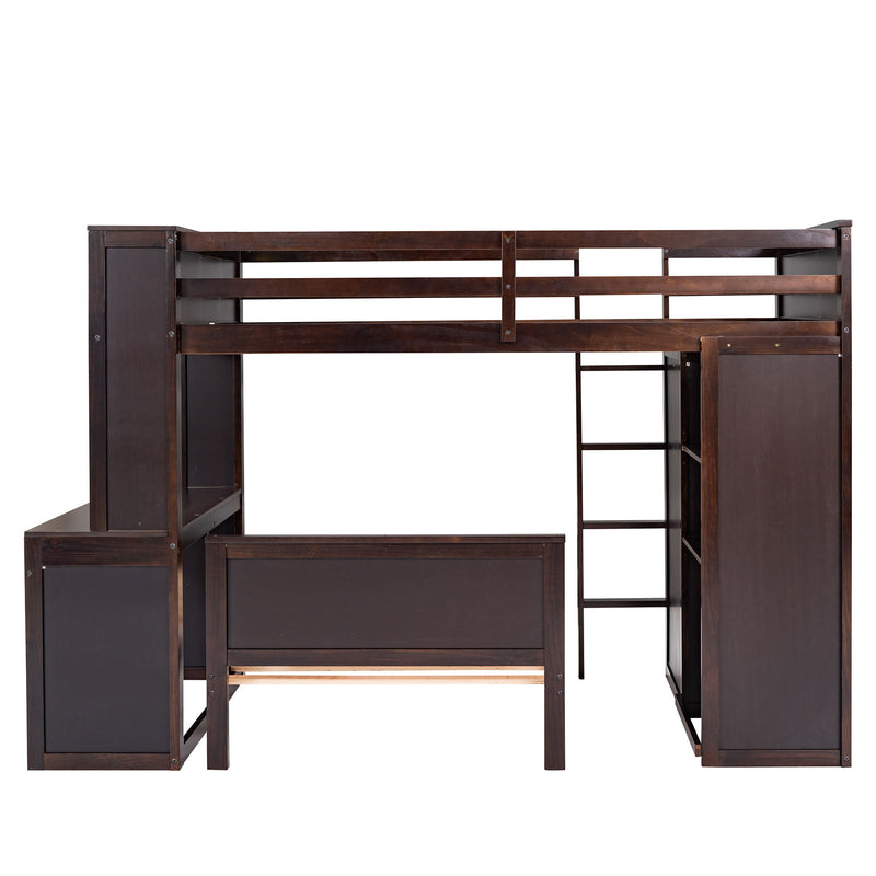 DreamHaus loft bed with stand-alone bed, shelves, desk, and wardrobe, showcasing a multi-functional space-saving bedroom setup.
