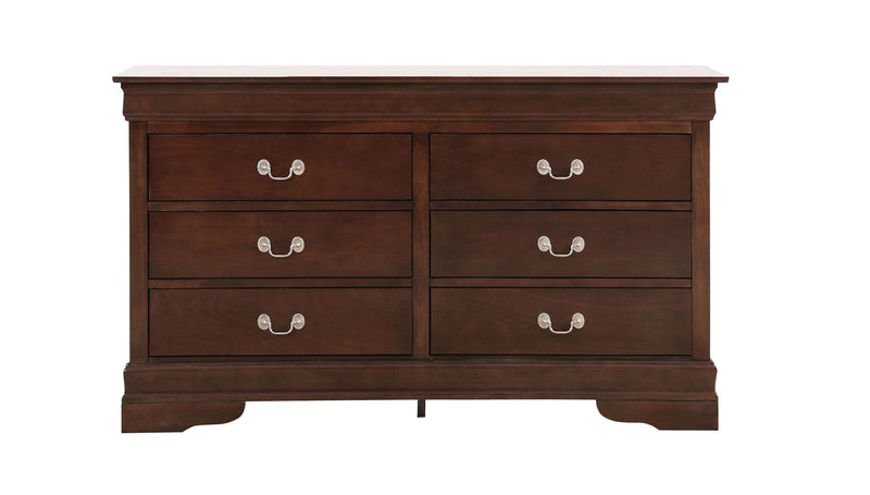 Louis Phillipe bedroom dresser by Glory Furniture featuring multiple drawers and a polished wood finish.