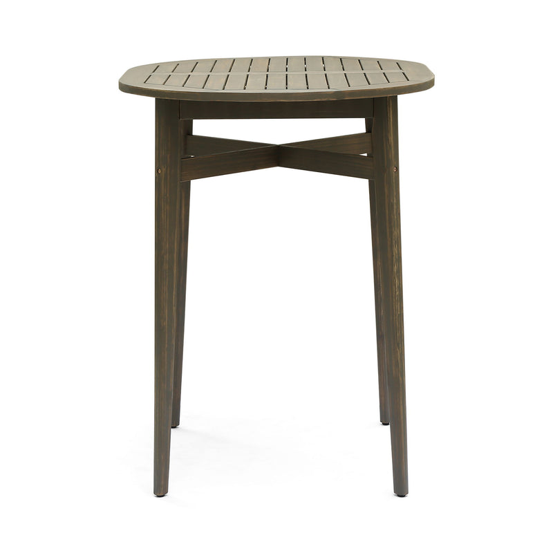 Noble House outdoor acacia wood bar table with slat top, ideal for patio or garden entertaining.