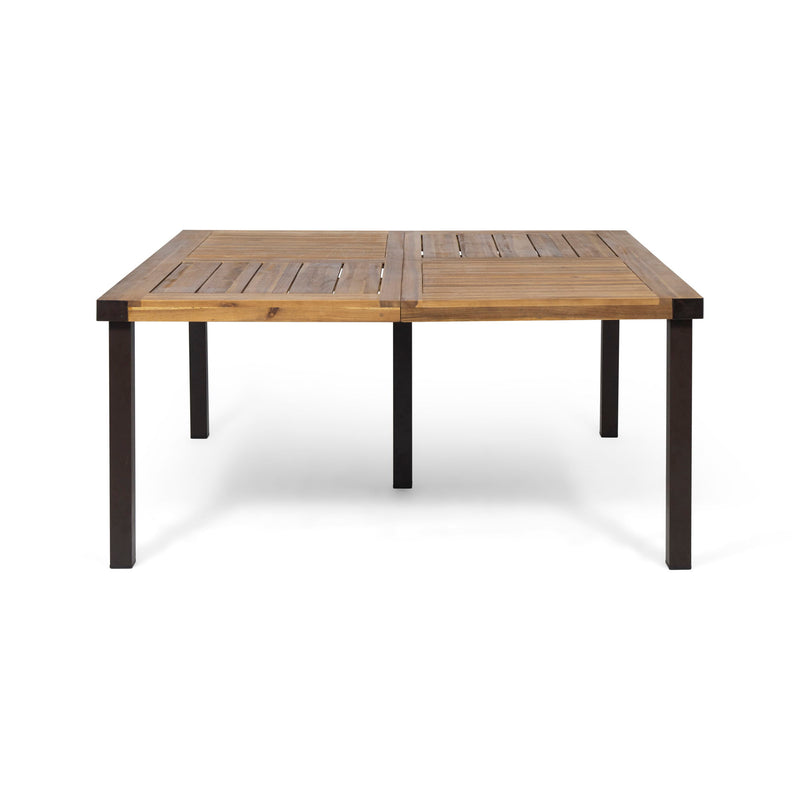 Modern industrial dining table with acacia wood slats, teak finish, from Noble House, featuring a sleek, sturdy design for dining rooms.