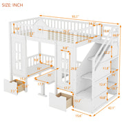 DreamHaus twin over twin bunk bed with convertible table, featuring upper bed and down desk for versatile sleeping and workspace.
