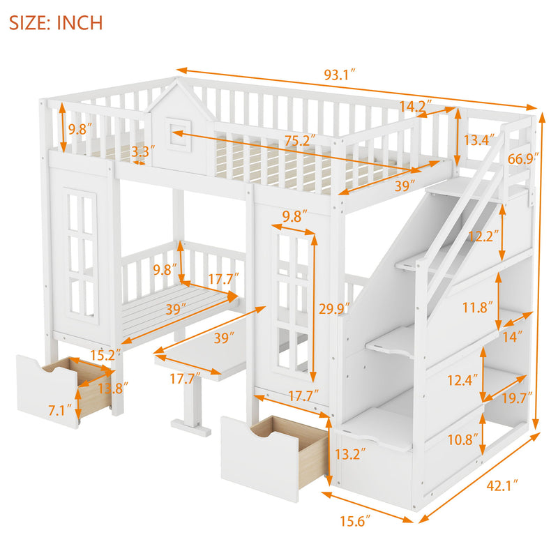 DreamHaus twin over twin bunk bed with convertible table, featuring upper bed and down desk for versatile sleeping and workspace.