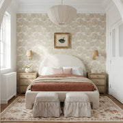 Gertrude striped linen upholstered ottoman by TOV Furniture with a cushioned top and wooden legs in a modern design.