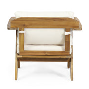 Set of two outdoor acacia wood club chairs with beige cushions by Noble House, perfect for patio lounging.