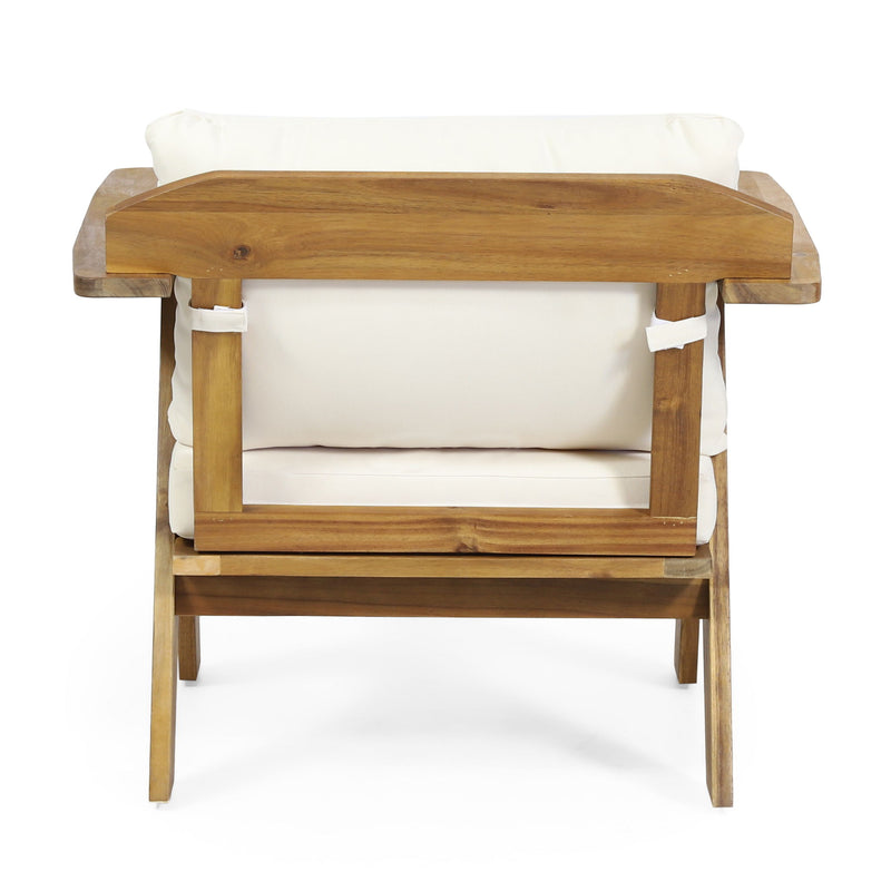 Set of two outdoor acacia wood club chairs with beige cushions by Noble House, perfect for patio lounging.