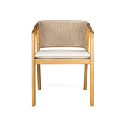Set of two Noble House patio dining chairs in light teak wood with slatted seats and armrests, suitable for outdoor dining.