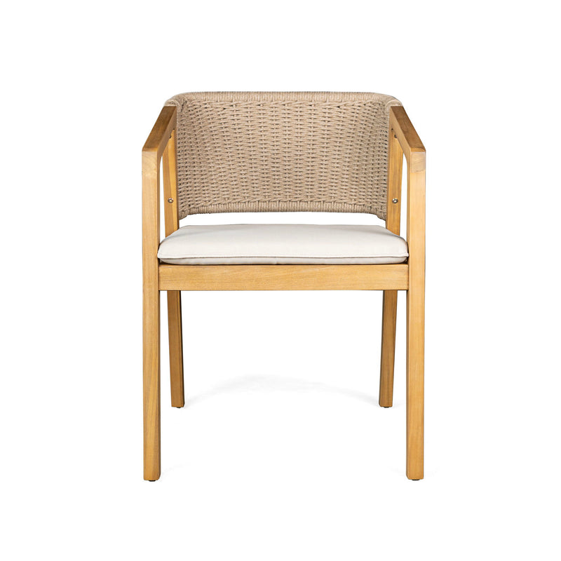 Set of two Noble House patio dining chairs in light teak wood with slatted seats and armrests, suitable for outdoor dining.