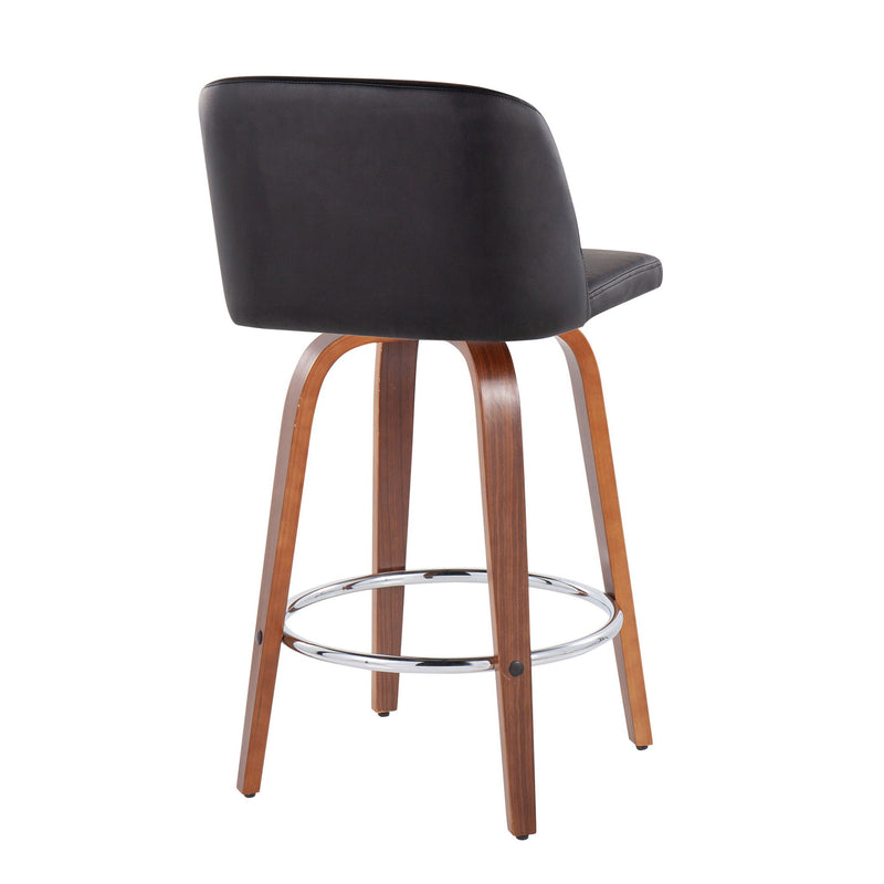 Lumi Source Toriano mid-century modern fixed height counter stool set with round footrest, featuring sleek wooden legs and cushioned seats