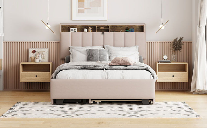 Upholstered Platform Bed With Storage Headboard, Trundle & 2 Drawers And A Set Of Sockets & USB Ports - R&R Furniture Gallery (Fountain Valley, CA)