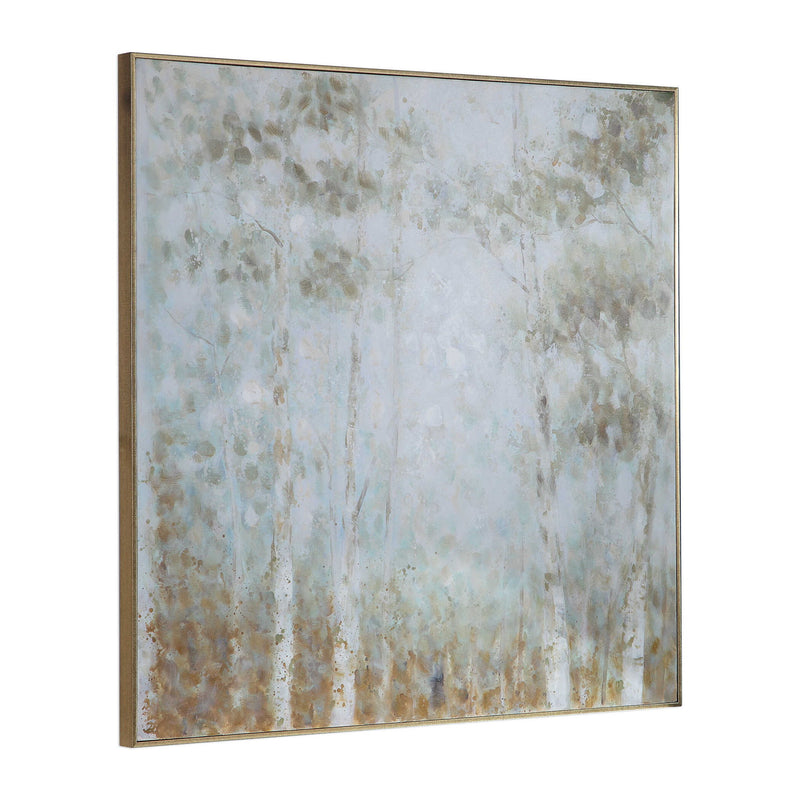 Light blue hand-painted cotton woods canvas art by Uttermost, featuring natural woodland scenery on a decorative canvas.