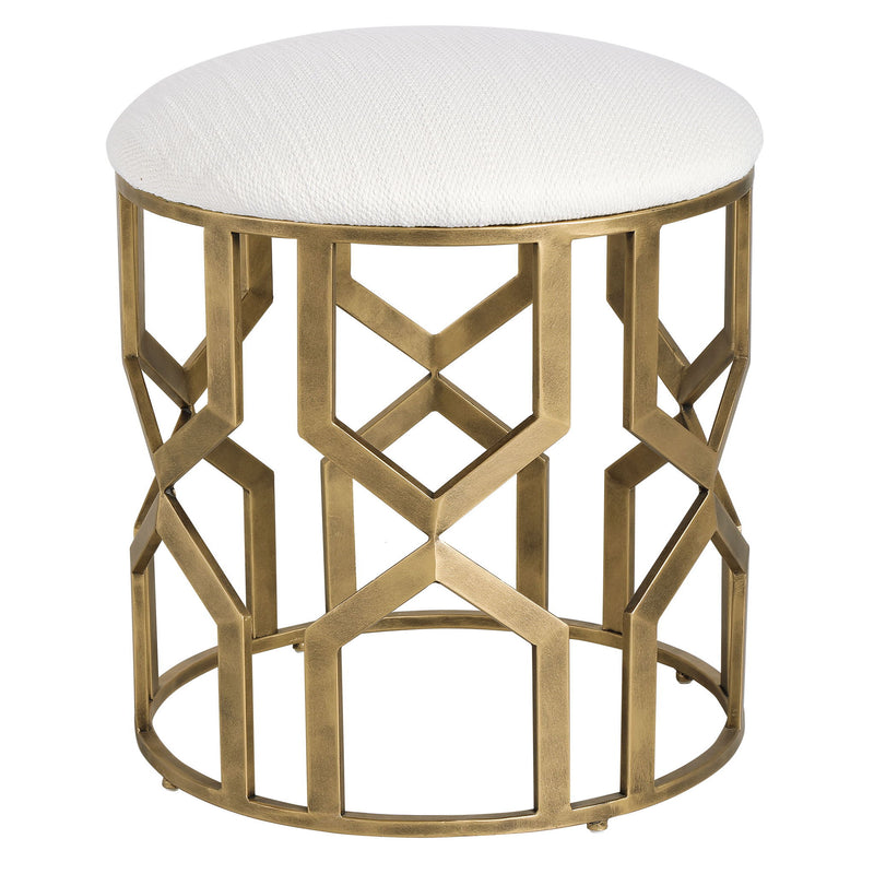 White and gold geometric accent stool by Uttermost featuring a trellis design, perfect for stylish home decor.