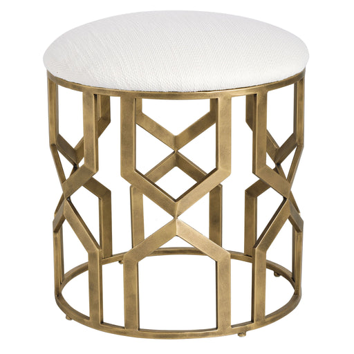 White and gold geometric accent stool by Uttermost featuring a trellis design, perfect for stylish home decor.