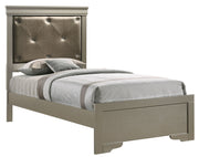Upholstered Lorana bed by Glory Furniture with a padded headboard and neutral fabric, modern bedroom furniture design