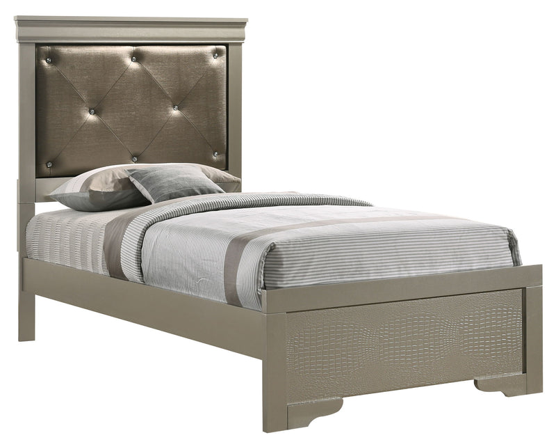 Upholstered Lorana bed by Glory Furniture with a padded headboard and neutral fabric, modern bedroom furniture design