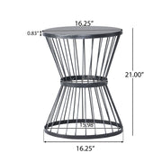 Noble House Lassen modern outdoor side table with hourglass design, featuring sleek metal frame and circular tabletop.