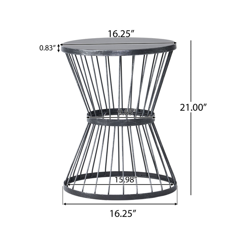 Noble House Lassen modern outdoor side table with hourglass design, featuring sleek metal frame and circular tabletop.