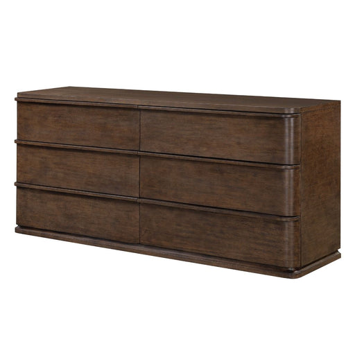 ACME Zoey brown oak dresser with multiple drawers and sleek modern design, showcasing smooth wood finish and stylish hardware.