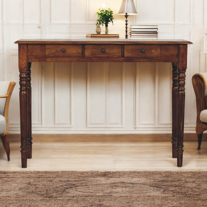 Artisan Furniture turned legs drawer console table with wooden surface and curved turned leg design, perfect for entryways or living rooms.