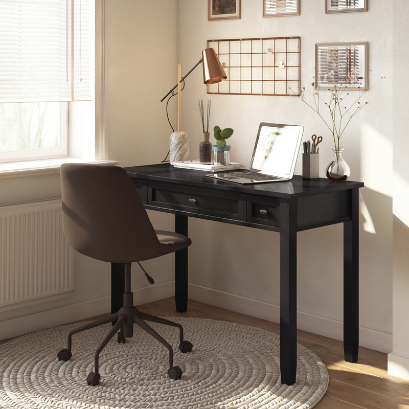 Handcrafted Warm Shaker desk by Simpli-Home, showcasing a stylish wooden writing desk with a smooth finish and minimalist design.