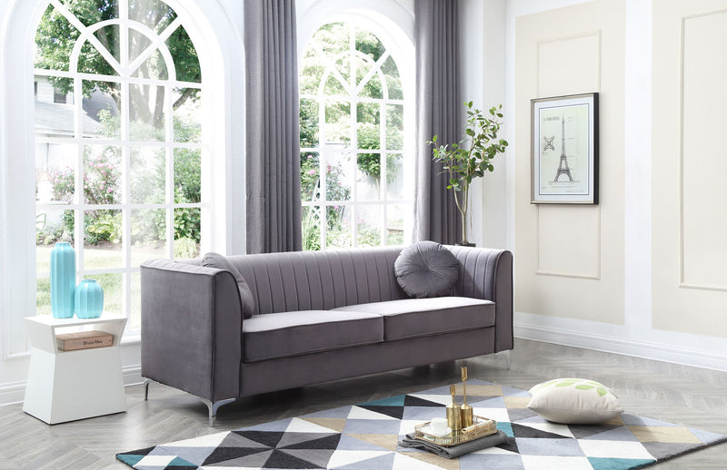 Glory Furniture Delray Micro Suede Sofa showing a modern stationary sofa with plush cushions in a living room setting