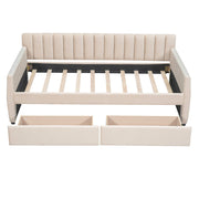 DreamHaus upholstered storage daybed with slat support, featuring a cushioned headboard and built-in storage drawers.