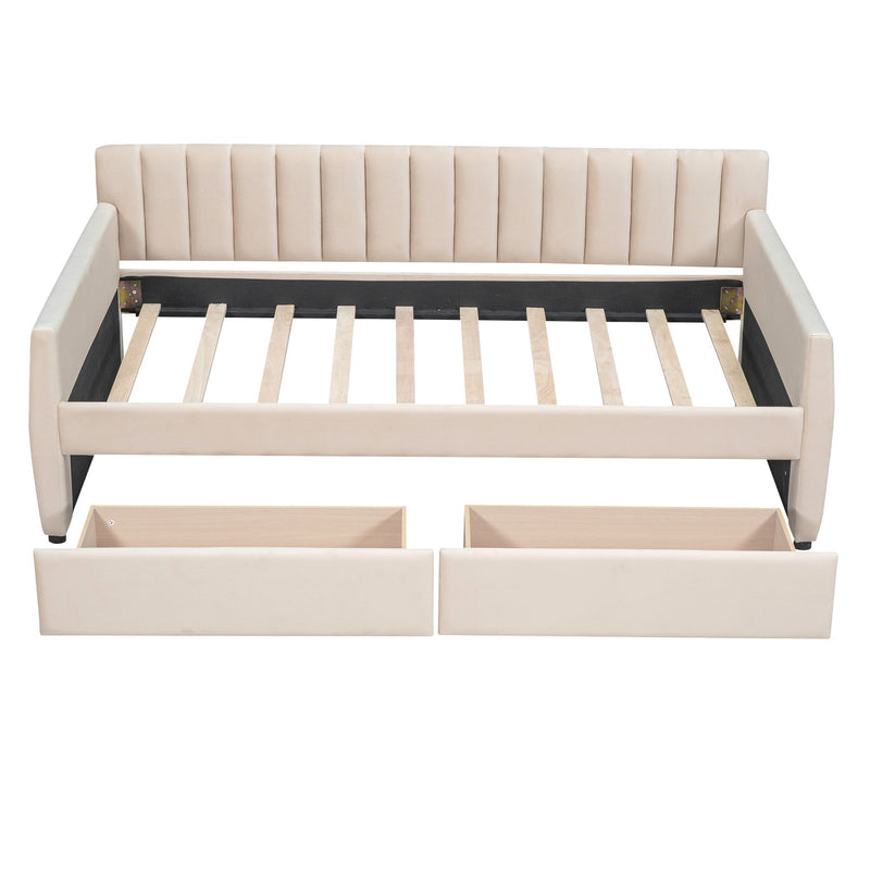 DreamHaus upholstered storage daybed with slat support, featuring a cushioned headboard and built-in storage drawers.
