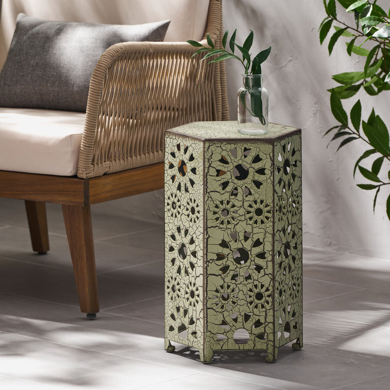 Noble House Eliana side table with a sleek wooden surface and modern metal legs, ideal for living room or bedroom decor.