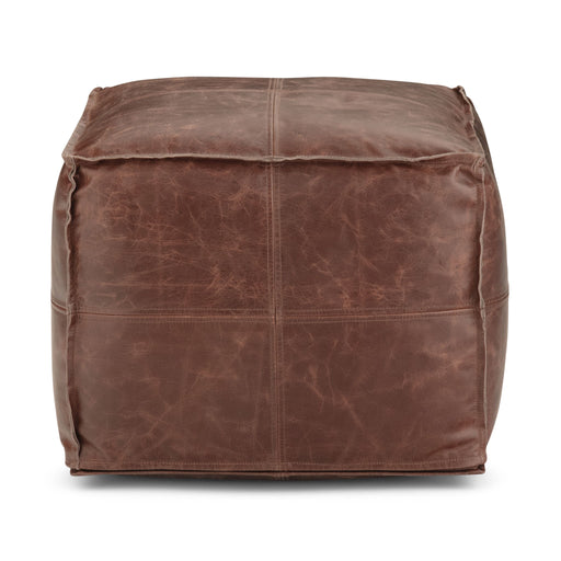 Handcrafted Sheffield square accent pouf by Simpli-Home, featuring soft fabric and a sturdy design for versatile seating.
