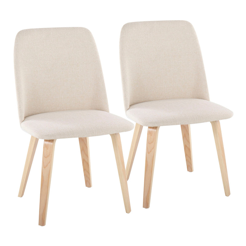 Lumi Source Toriano mid-century modern dining chair set with solid wood legs, in natural/cream or walnut/beige colors.