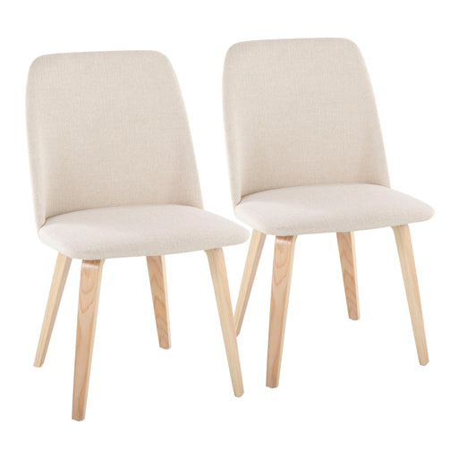 Lumi Source Toriano mid-century modern dining chair set with solid wood legs, in natural/cream or walnut/beige colors.