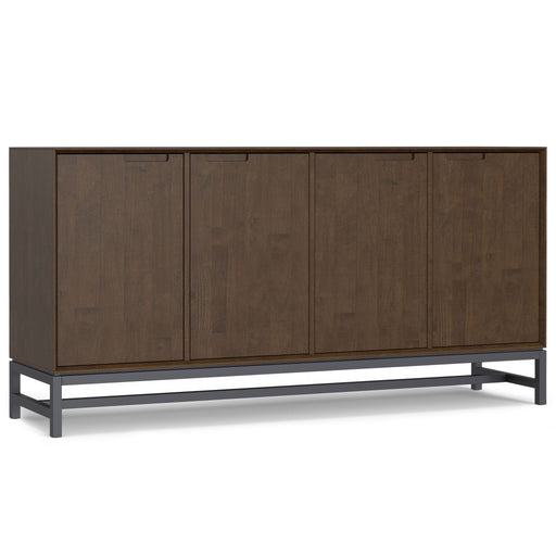 Simpli-Home Banting solid wood sideboard buffet with metal frame, modern industrial design, featuring spacious storage for dining room.