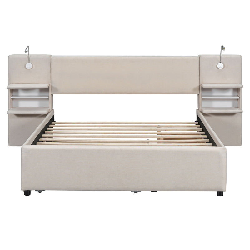 Upholstered Platform Bed With Reading Lights, Drawers, Trundle And Shelves - R&R Furniture Gallery (Fountain Valley, CA)