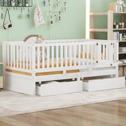 DreamHaus storage daybed with fence guardrails, two drawers, split into a floor bed and daybed, showcasing versatile furniture design.