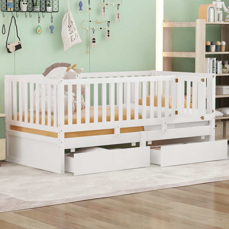 DreamHaus storage daybed with fence guardrails, two drawers, split into a floor bed and daybed, showcasing versatile furniture design.