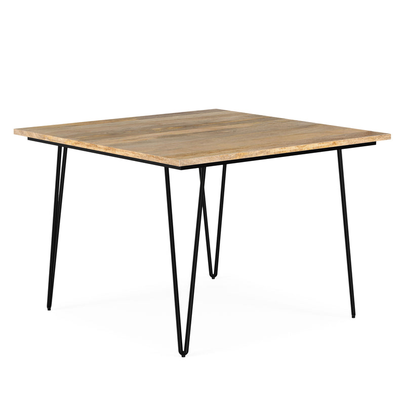 Square Hunter dining table by Simpli-Home with a wooden tabletop and sturdy legs, ideal for modern dining spaces.