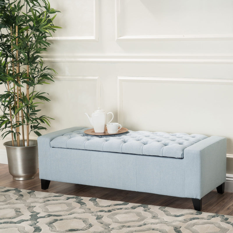 Noble House Guernsey storage ottoman with tufted top, versatile upholstered ottoman for living room or bedroom storage.