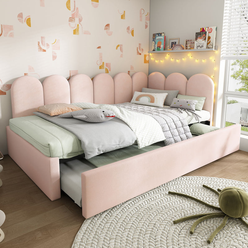 Artistry At Home upholstered daybed with metal slatted base, featuring plush fabric and modern design for versatile living spaces.